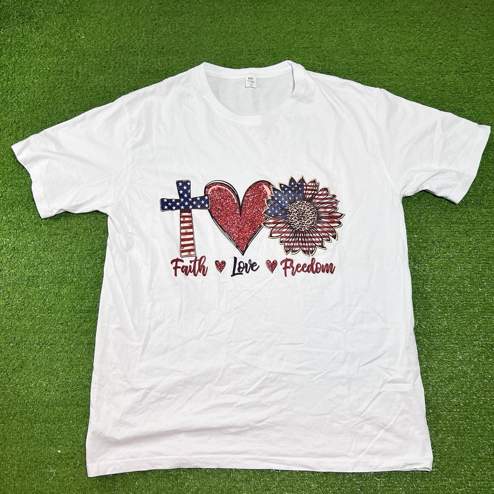 Vintage Graphic‎ Tee XL Sunflower Cross Shirt USA Faith Love Freedom NWOT 1980s